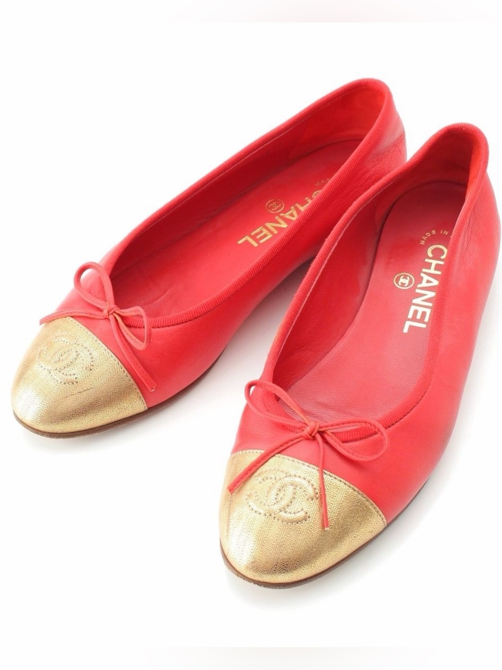 CHANEL Chanel Red/Gold Leather CC Cap Toe Bow Ballet Flats Size EU 36.5